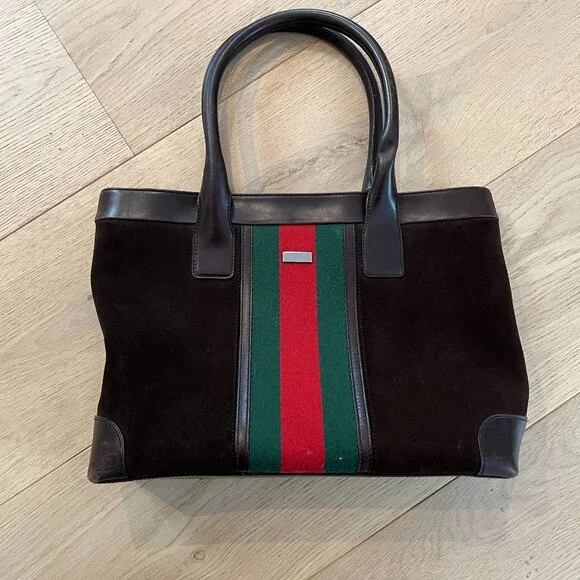 Vintage Classic Gucci Tote Chocolate Brown Suede Striped Web Accent - Picture 1 of 7